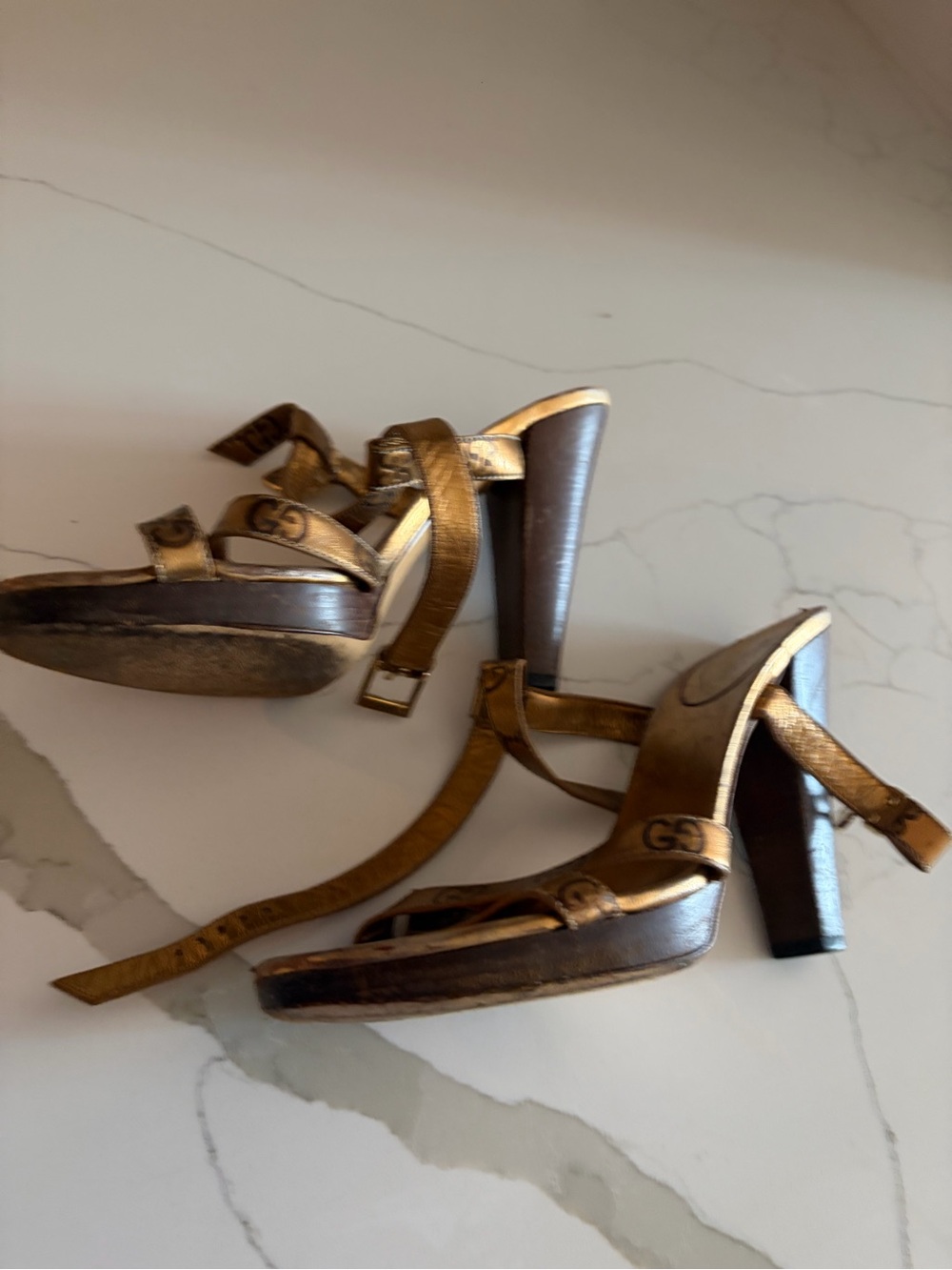 Gucci Metallic Bronze GG Logo Strappy Heels - Picture 3 of 7